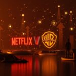 Análisis visual de la adquisición de Warner Bros por Netflix destacando impacto en empleos, estrenos teatrales y oportunidades en startups tech dentro de la industria del entretenimiento.