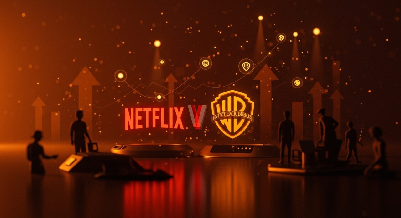 Análisis visual de la adquisición de Warner Bros por Netflix destacando impacto en empleos, estrenos teatrales y oportunidades en startups tech dentro de la industria del entretenimiento.