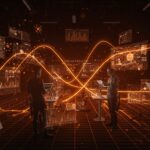 Colaboración de founders tech con hologramas de redes neuronales y modelos de lenguaje, simbolizando innovación en IA y machine learning en NeurIPS 2025.