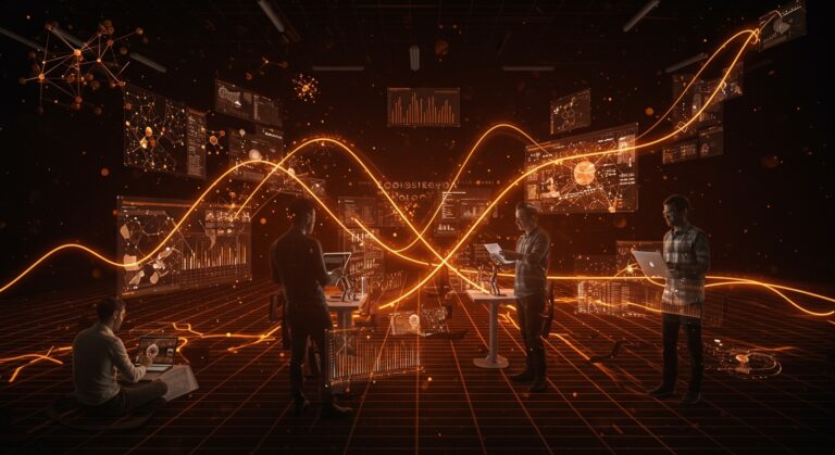 Colaboración de founders tech con hologramas de redes neuronales y modelos de lenguaje, simbolizando innovación en IA y machine learning en NeurIPS 2025.