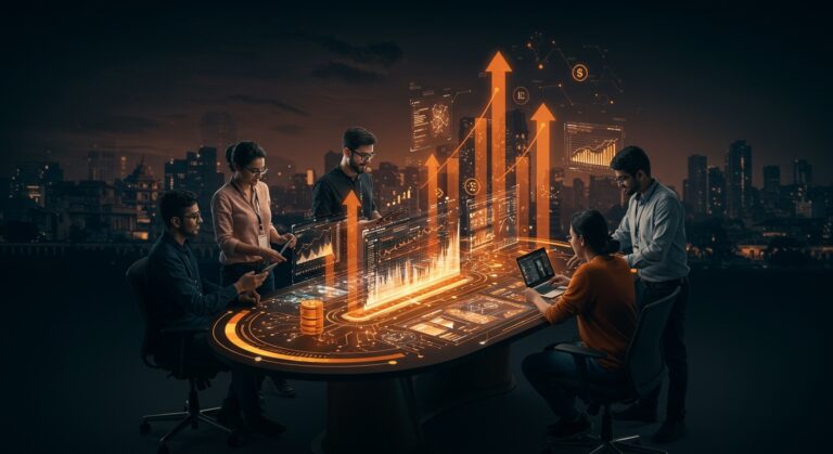 Colaboración de founders de startups en India con metaforas visuales de inversión en venture capital e inteligencia artificial, tema central fondo Nexus Venture Partners.