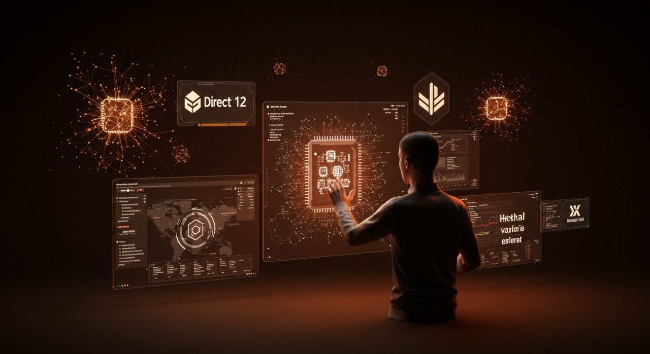 Evolución de las APIs gráficas con integración de IA mostrando interfaces holográficas y modelos de GPU en ecosistema startup.