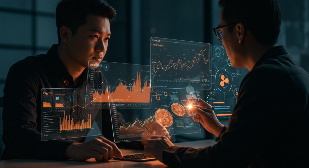Fundador fintech analizando la volatilidad de XRP y su impacto en la nómina cripto en Asia con elementos visuales de cumplimiento regulatorio y stablecoins.
