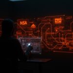 Escena cinematográfica que ilustra la vigilancia digital de la NSA y el sistema XKEYSCORE en contexto de ciberseguridad global basado en filtraciones Snowden.