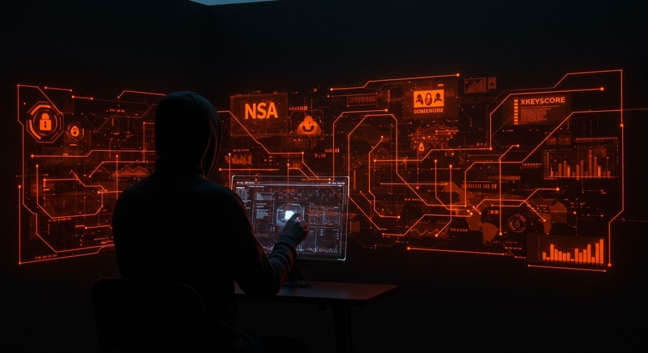 Escena cinematográfica que ilustra la vigilancia digital de la NSA y el sistema XKEYSCORE en contexto de ciberseguridad global basado en filtraciones Snowden.