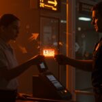 Viajero presentando una REAL ID en un control de seguridad aeroportuaria con iluminación naranja y negra, ilustrando tarifas TSA y seguridad en vuelos domésticos.