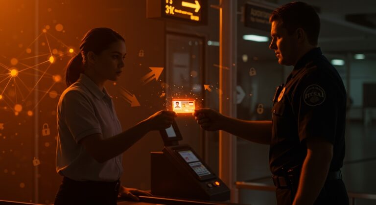 Viajero presentando una REAL ID en un control de seguridad aeroportuaria con iluminación naranja y negra, ilustrando tarifas TSA y seguridad en vuelos domésticos.