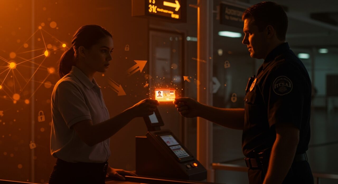 Viajero presentando una REAL ID en un control de seguridad aeroportuaria con iluminación naranja y negra, ilustrando tarifas TSA y seguridad en vuelos domésticos.