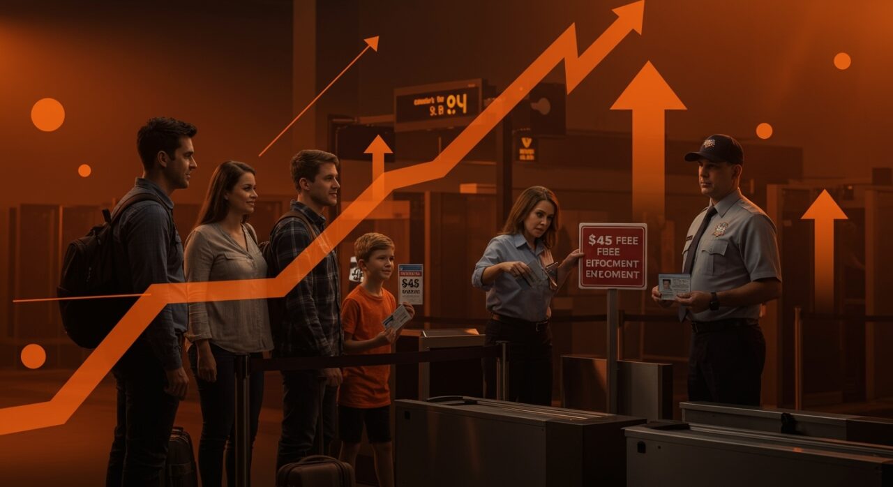 Familia enfrentando la nueva tarifa TSA de $45 en aeropuerto de EE.UU., ilustrando impacto en viajes y movilidad.