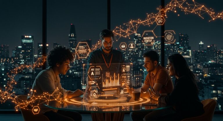 Emprendedores colaborando en Monterrey con inteligencia artificial e innovación, representando el ecosistema tecnológico de Nuevo León y startups.