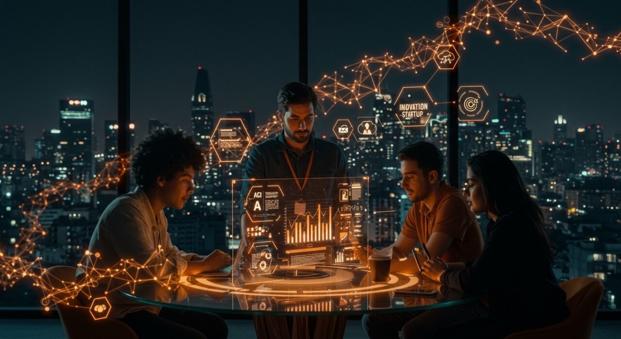 Emprendedores colaborando en Monterrey con inteligencia artificial e innovación, representando el ecosistema tecnológico de Nuevo León y startups.