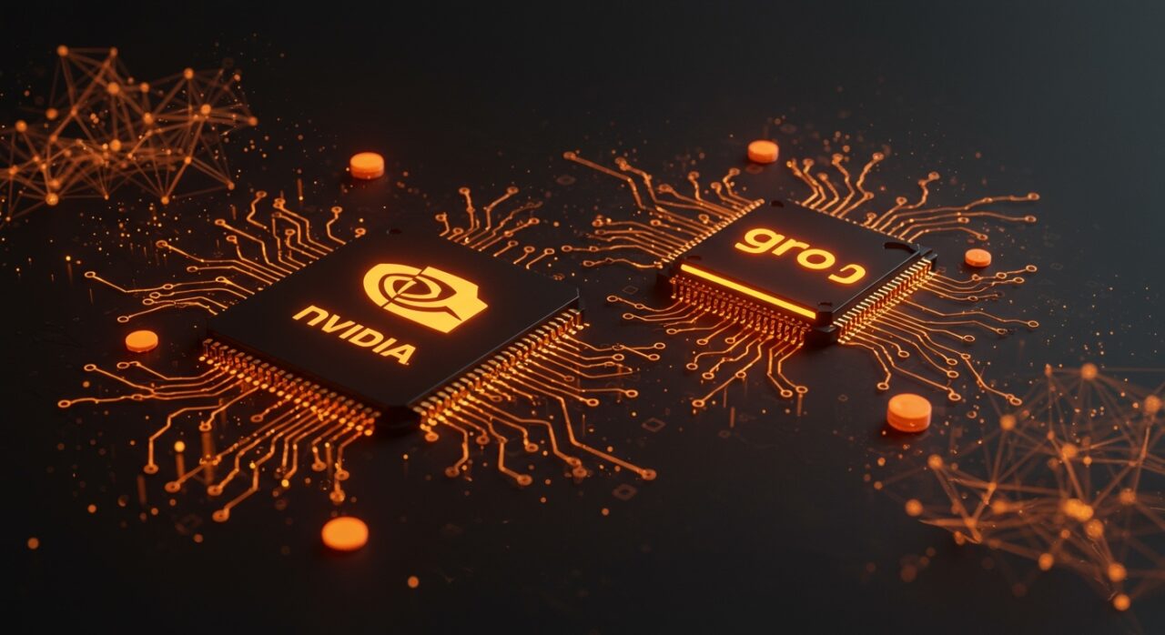 Visualización de la adquisición de Groq por Nvidia destacando chips de inteligencia artificial y crecimiento tecnológico en el ecosistema startup.