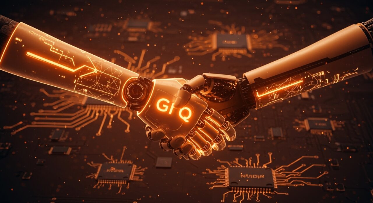 Nvidia adquiere Groq en una operación histórica en chips IA, ilustrada con manos robóticas y circuitos futuristas en tonos naranja y negro.