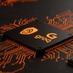 Adquisición de Nvidia a Groq simbolizada con chips IA y diseños abstractos de redes neuronales en la industria de hardware IA.