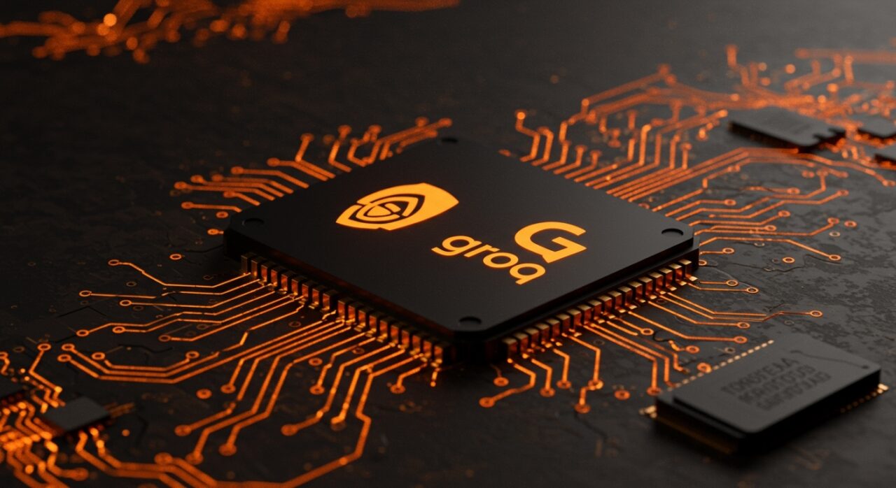 Adquisición de Nvidia a Groq simbolizada con chips IA y diseños abstractos de redes neuronales en la industria de hardware IA.