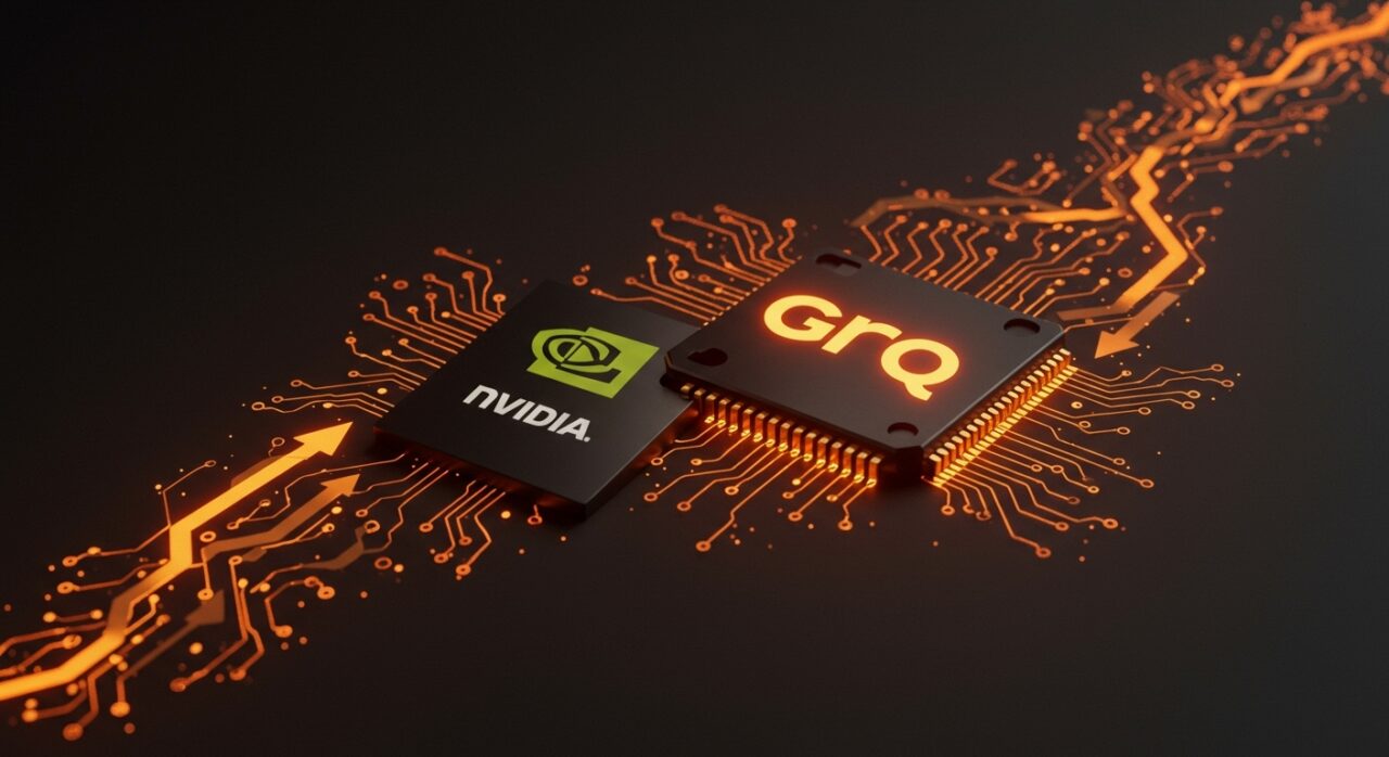 Representación visual de la adquisición de Groq por Nvidia y su impacto en el mercado de chips para inteligencia artificial enfocado en startups LATAM.