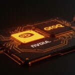 Adquisición de Groq por Nvidia representada con chips IA futuristas y redes neuronales en tonos naranja y negro, simbolizando impacto en el mercado tecnológico y startups LATAM.