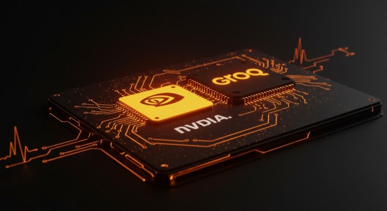 Adquisición de Groq por Nvidia representada con chips IA futuristas y redes neuronales en tonos naranja y negro, simbolizando impacto en el mercado tecnológico y startups LATAM.