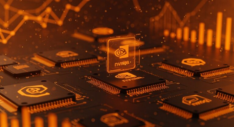 Chips de inteligencia artificial de Nvidia y Groq iluminados en naranja y negro, simbolizando alianza tecnológica para startups y mercado latinoamericano.