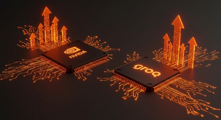 Visualización digital de chips Nvidia y Groq conectados por flujos de datos luminosos, representando un acuerdo estratégico en inferencia IA y dominio tecnológico.