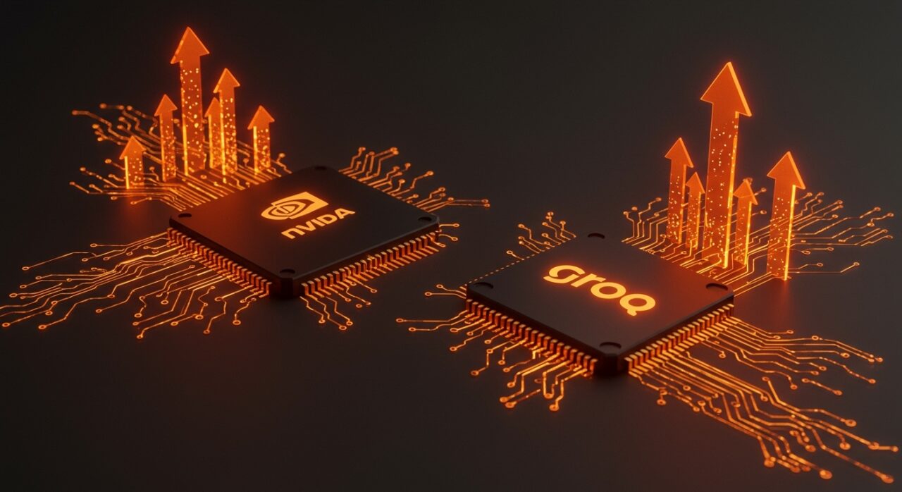 Visualización digital de chips Nvidia y Groq conectados por flujos de datos luminosos, representando un acuerdo estratégico en inferencia IA y dominio tecnológico.