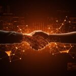 Nvidia y Groq sellando un acuerdo estratégico en inteligencia artificial representado por un apretón de manos digital en tonos naranja y negro.