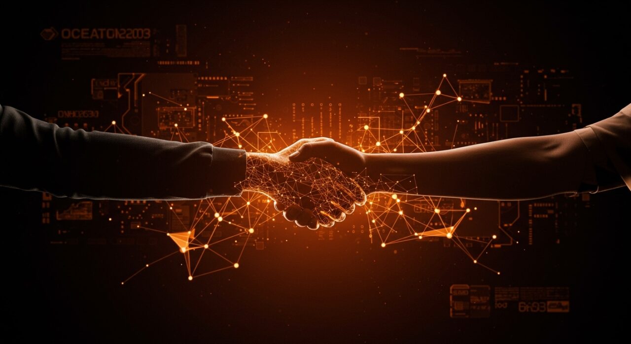 Nvidia y Groq sellando un acuerdo estratégico en inteligencia artificial representado por un apretón de manos digital en tonos naranja y negro.