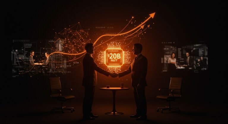 Acuerdo de inversión de 20 mil millones en IA entre Nvidia y Groq destacado con metáforas visuales de chips y redes neuronales para startups latinoamericanas.