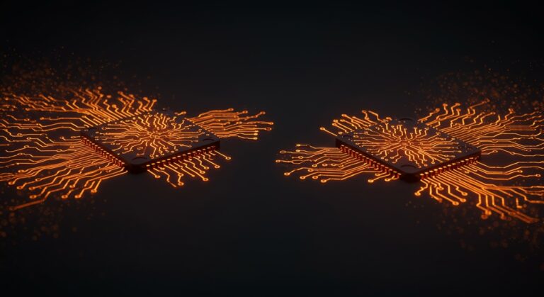 Chips de IA interconectados representando el acuerdo de licencia tecnológica entre Nvidia y Groq en el sector startup de inteligencia artificial.