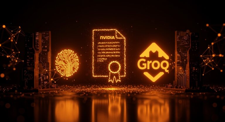 Colaboración estratégica en inteligencia artificial entre Nvidia y Groq con metáforas visuales de redes neuronales y crecimiento en startups de IA.