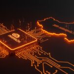 Chip Nvidia H200 con flujos digitales que simbolizan exportaciones a China y el impacto en startups tecnológicas.