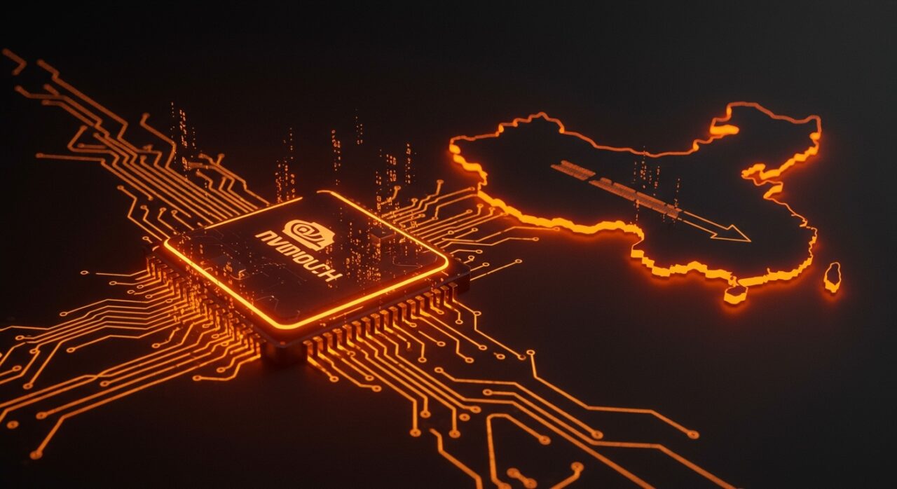 Chip Nvidia H200 con flujos digitales que simbolizan exportaciones a China y el impacto en startups tecnológicas.