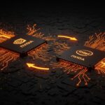 Representación visual de la inversión estratégica de Nvidia en Intel en semiconductores y ecosistema AI con circuitos y flujos de energía naranja y negro.
