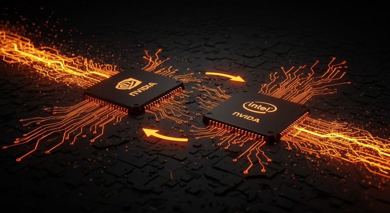 Representación visual de la inversión estratégica de Nvidia en Intel en semiconductores y ecosistema AI con circuitos y flujos de energía naranja y negro.