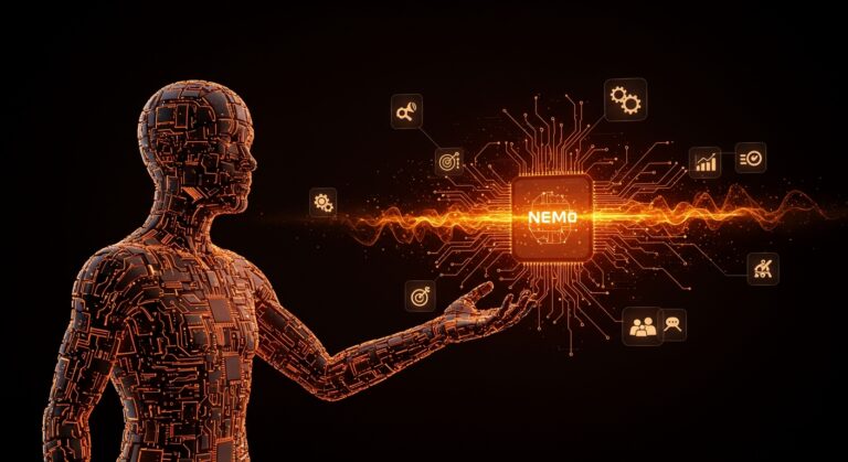 Visualización futurista de Nvidia Nemotron 3 con arquitectura híbrida MoE y Mamba-Transformer para IA eficiente en startups.