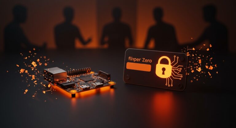 Dispositivos Raspberry Pi y Flipper Zero resaltados con luz naranja y negra, simbolizando la prohibición y debate en el ecosistema startup de NYC.