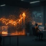 Equipo de startup tecnológica colaborando sobre modelos de lenguaje open source y aprendizaje por refuerzo avanzado en un ambiente futurista.