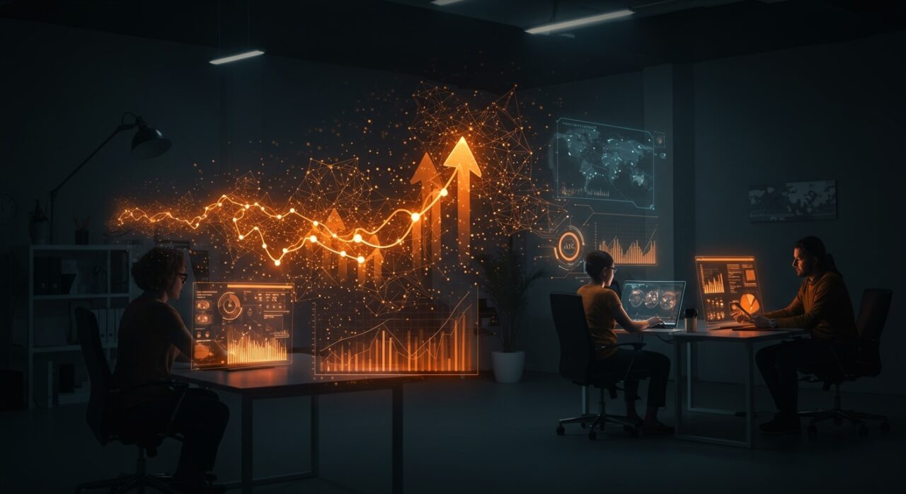 Equipo de startup tecnológica colaborando sobre modelos de lenguaje open source y aprendizaje por refuerzo avanzado en un ambiente futurista.