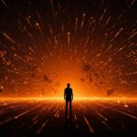 Silueta de líder frente a un horizonte digital con patrones de inteligencia artificial, simbolizando la competencia y desafíos de OpenAI en el sector IA.