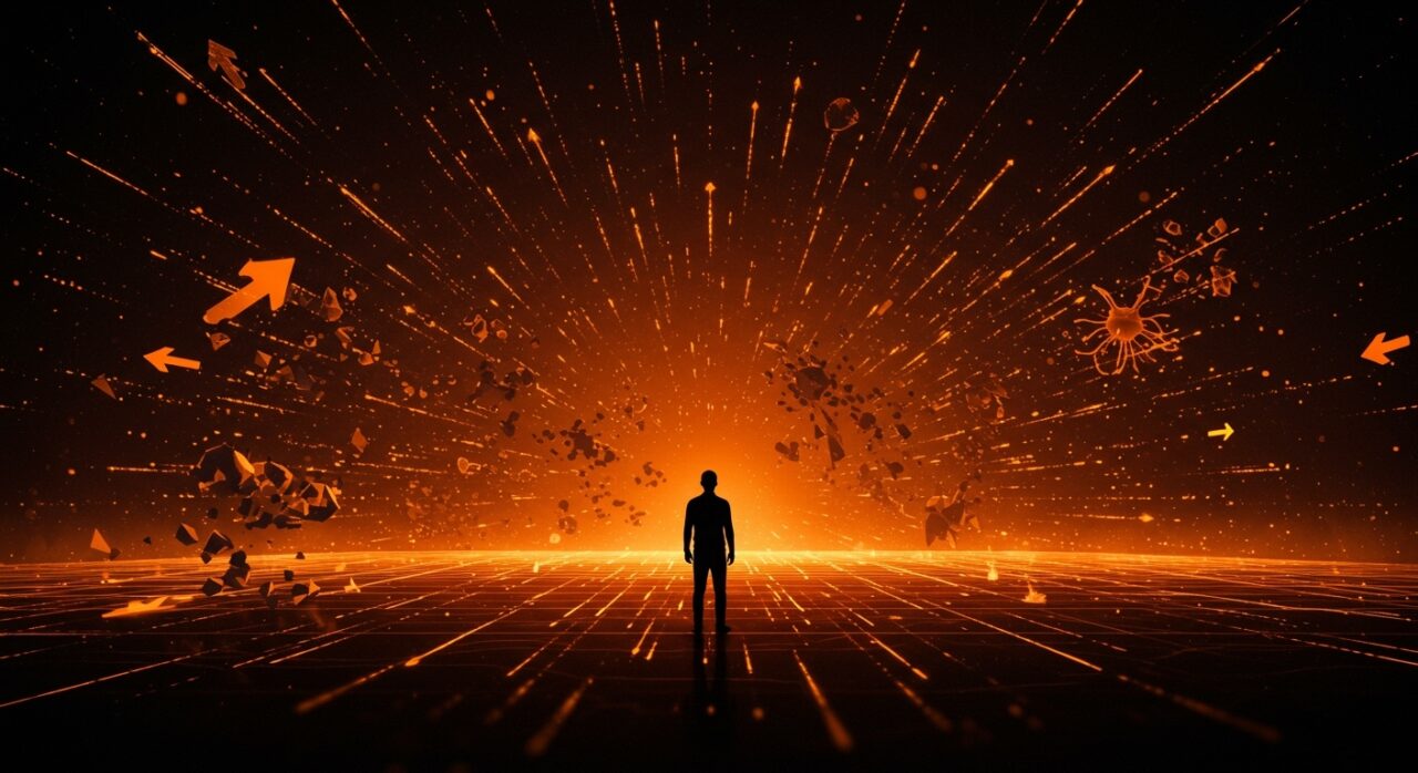 Silueta de líder frente a un horizonte digital con patrones de inteligencia artificial, simbolizando la competencia y desafíos de OpenAI en el sector IA.