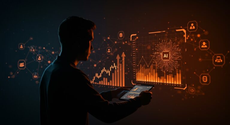 Fundador de startup frente a interfaz digital futurista mostrando competencia y tendencias en inteligencia artificial para inversión en LATAM.