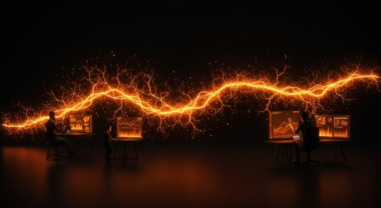 Visualización digital de algoritmos en evolución y modelos de lenguaje, representando optimización y automatización IA para startups tech.