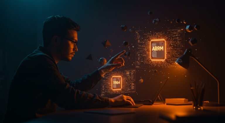 Desarrollador analizando optimizaciones de compiladores para C++ y arquitecturas ARM y x86-64 en ambiente tecnológico moderno.