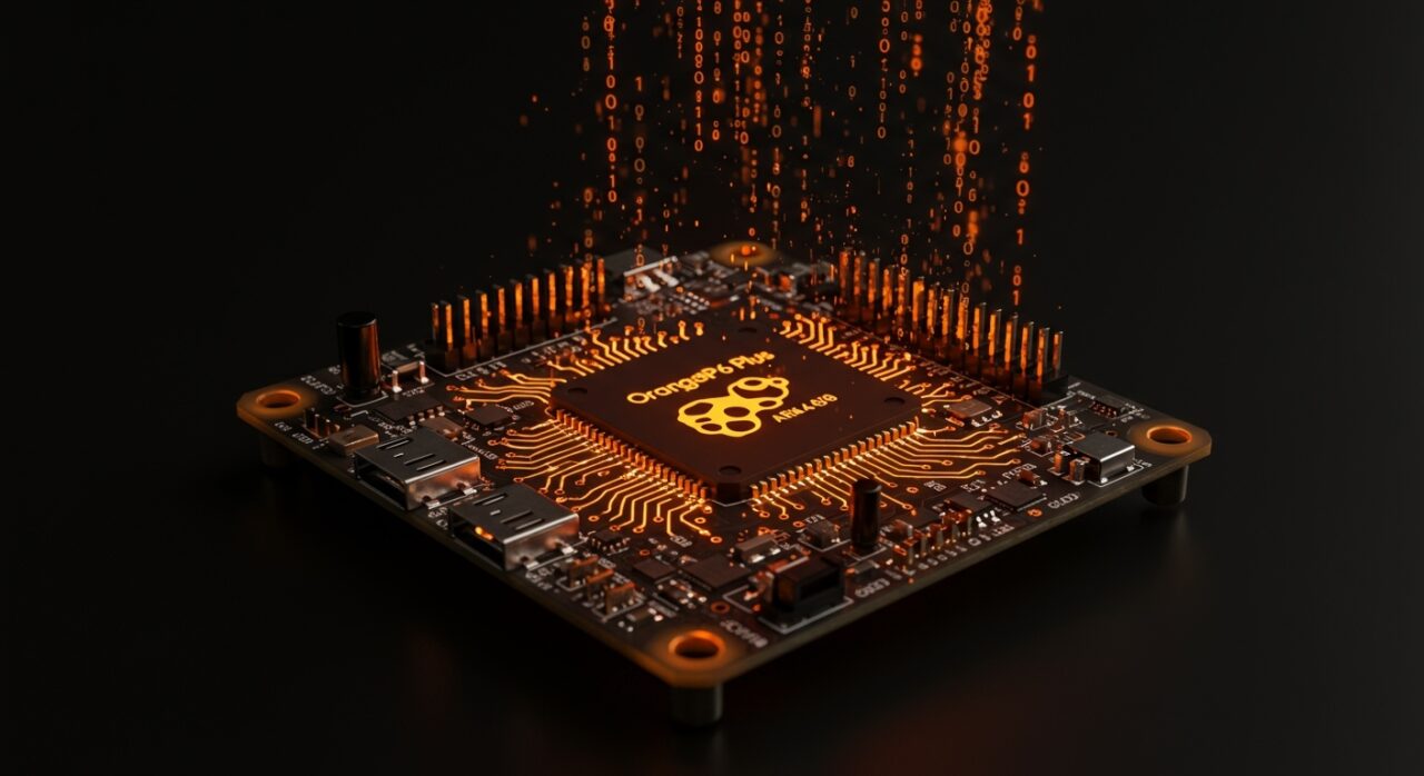OrangePi 6 Plus SBC ARM64 destacando potencia para IA, gaming y desarrollo avanzado en entorno tecnológico embebido.