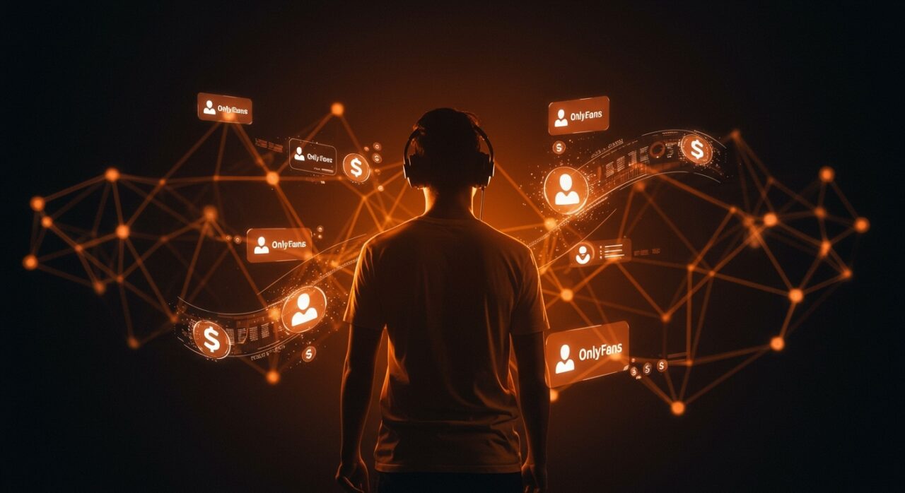 Monetización de creadores digitales ilustrada con flujos de ingresos y tecnología, inspirada en la historia de OnlyFans para emprendedores tech.