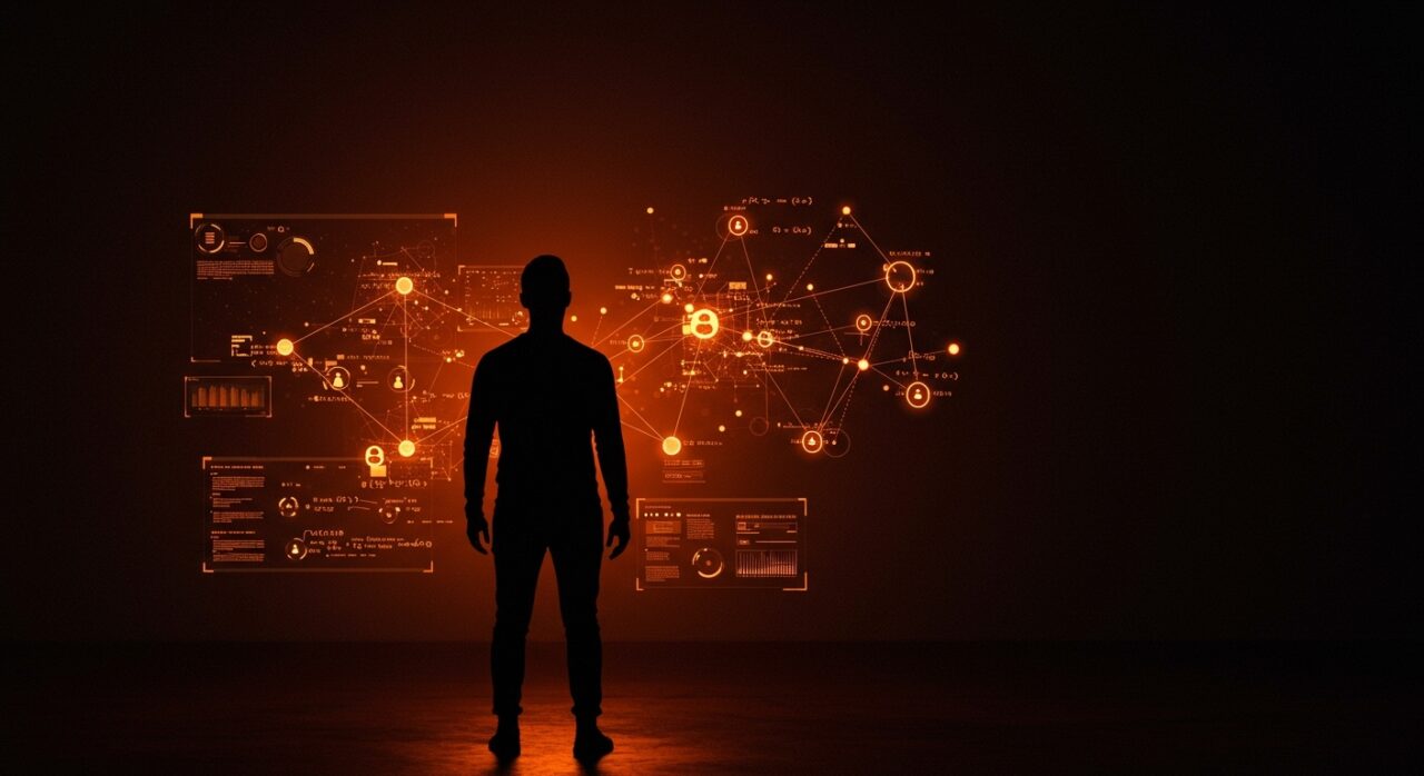 Fundador tech ante interfaz digital abstracta mostrando criptografía, inteligencia artificial y problemas NP-completos en ecosistema startup.