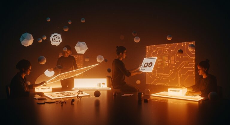 Equipo creativo y founders tech trabajando con Pantone Cloud Dancer, destacando tendencias, branding e innovación en 2026.