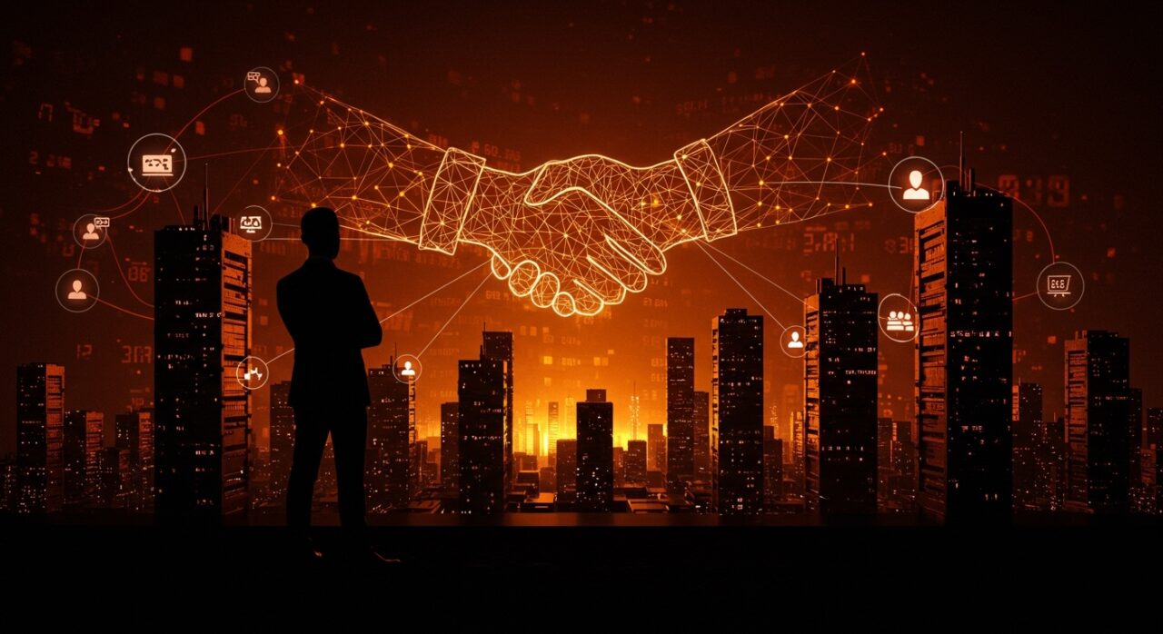 Figura empresarial poderosa simbolizando financiación récord y alianza tecnológica en la oferta de Paramount por Warner Bros dentro del ecosistema startup.