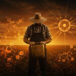 Agricultor estadounidense con pesticide paraquat y representación abstracta del vínculo con el Parkinson y la regulación agrícola.