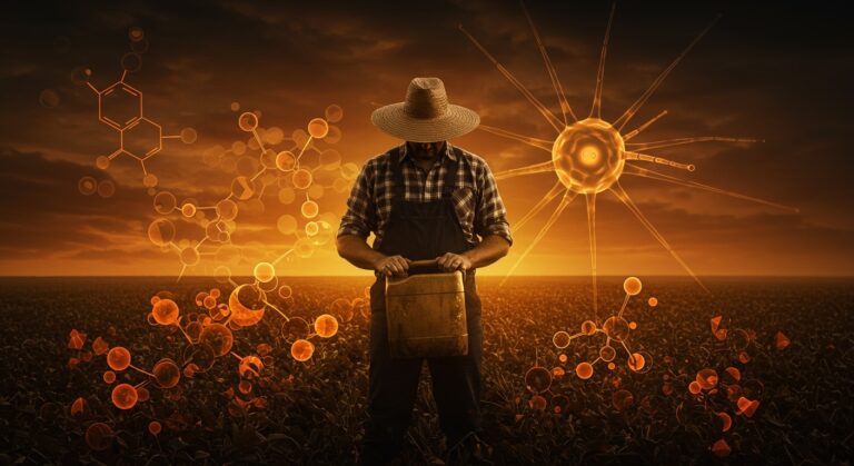 Agricultor estadounidense con pesticide paraquat y representación abstracta del vínculo con el Parkinson y la regulación agrícola.